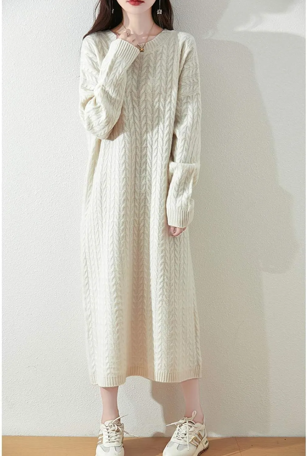 100% Merino Wool Sweater Dress Women's Long Sleeve Knitted O Neck Twists Pullover Fall Winter Loose Long Tops