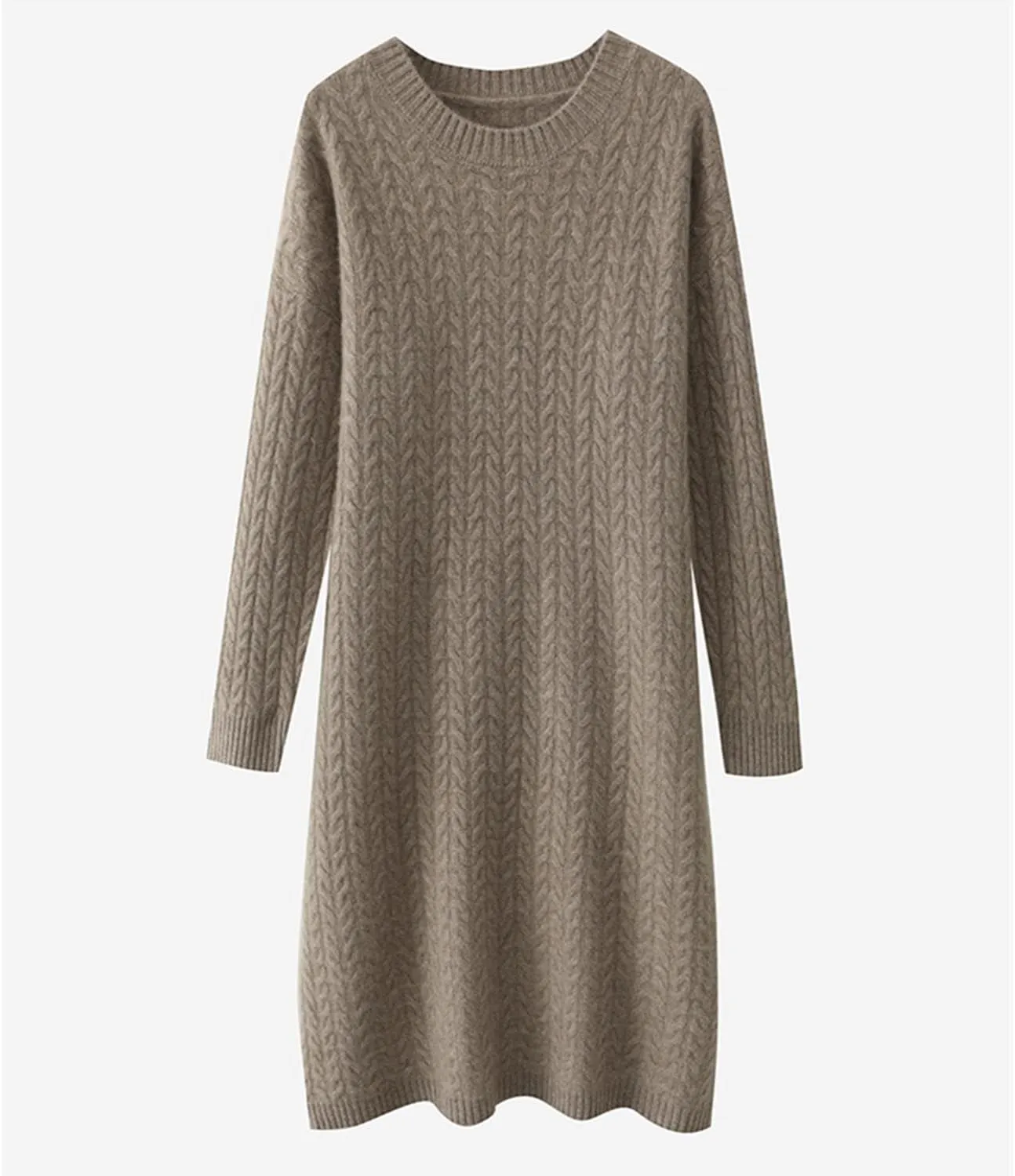 100% Merino Wool Sweater Dress Women's Long Sleeve Knitted O Neck Twists Pullover Fall Winter Loose Long Tops