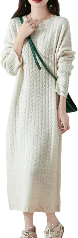 100% Merino Wool Sweater Dress Women's Long Sleeve Knitted O Neck Twists Pullover Fall Winter Loose Long Tops