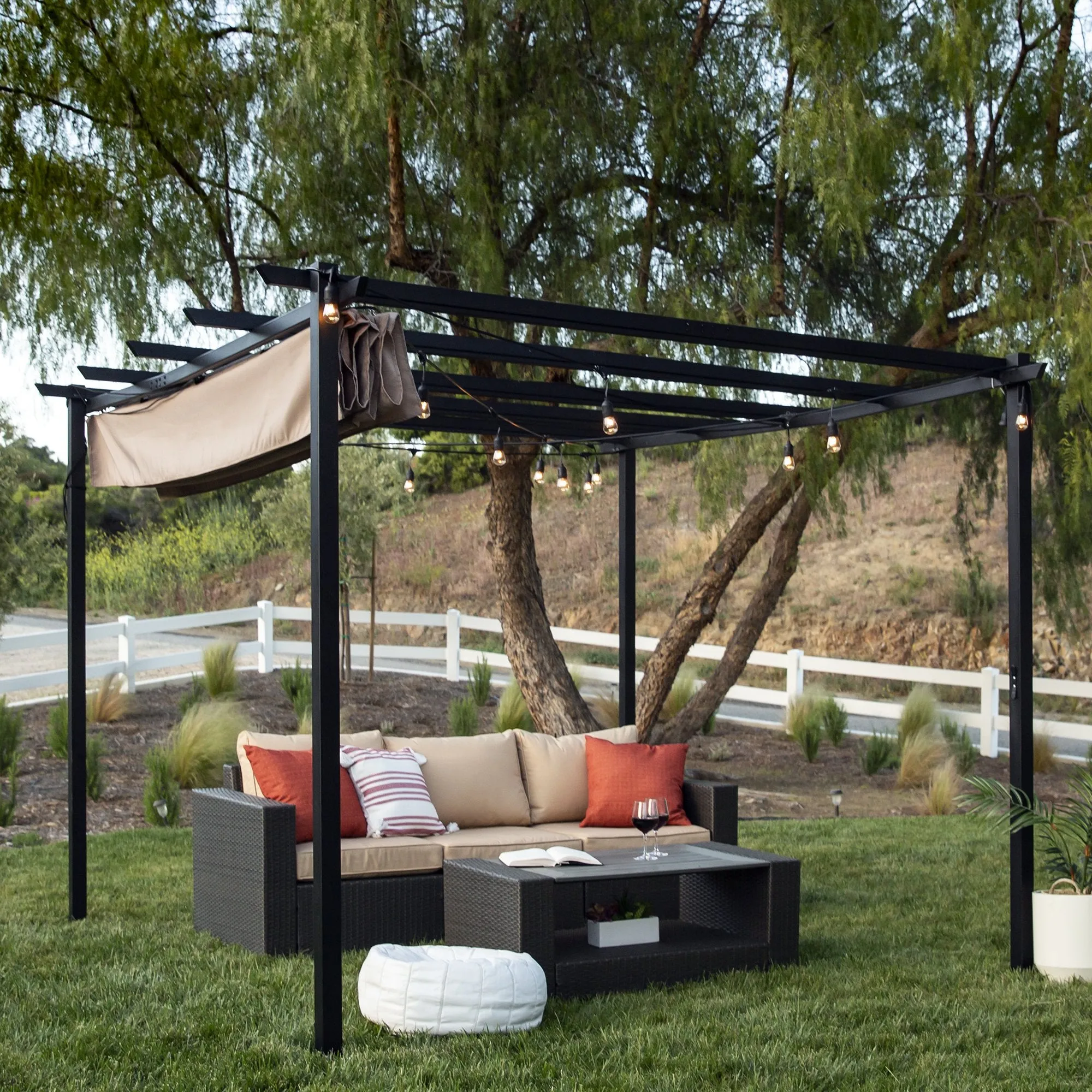 10x10ft Outdoor Pergola w/ Weather-Resistant Retractable Canopy, Steel Frame