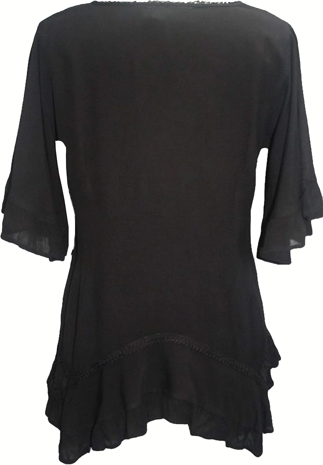 Agan Traders 2025 Summer Bohemian Medieval Embroidered Tops - Round Neck Asymmetrical Hem Ruffle Short Sleeve Women's Blouses