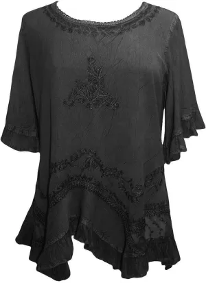 Agan Traders 2025 Summer Bohemian Medieval Embroidered Tops - Round Neck Asymmetrical Hem Ruffle Short Sleeve Women's Blouses