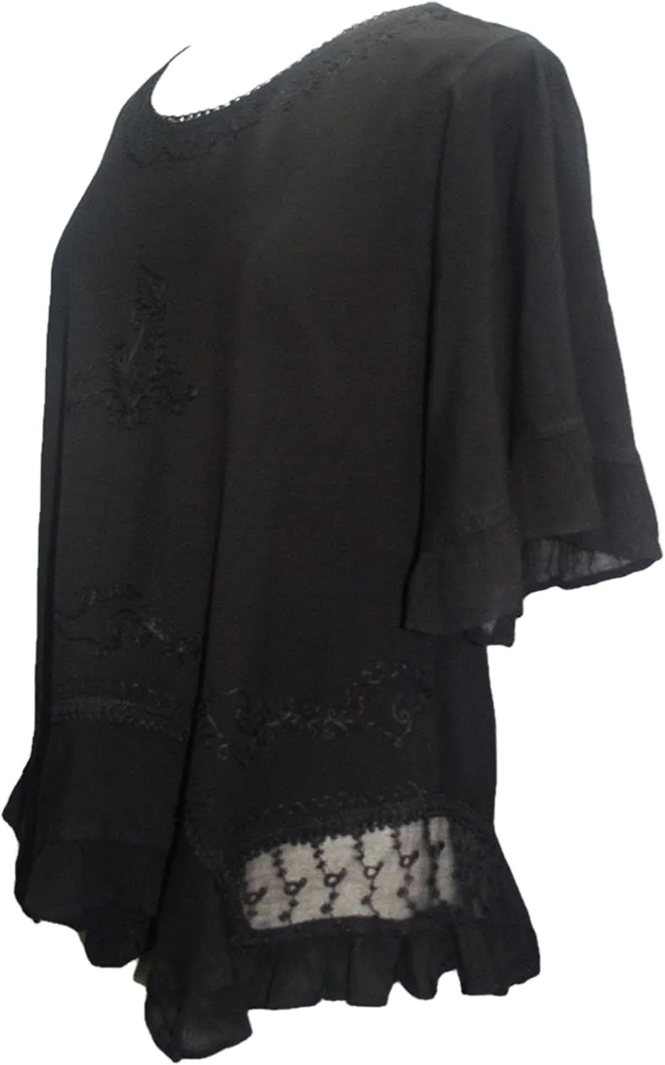 Agan Traders 2025 Summer Bohemian Medieval Embroidered Tops - Round Neck Asymmetrical Hem Ruffle Short Sleeve Women's Blouses