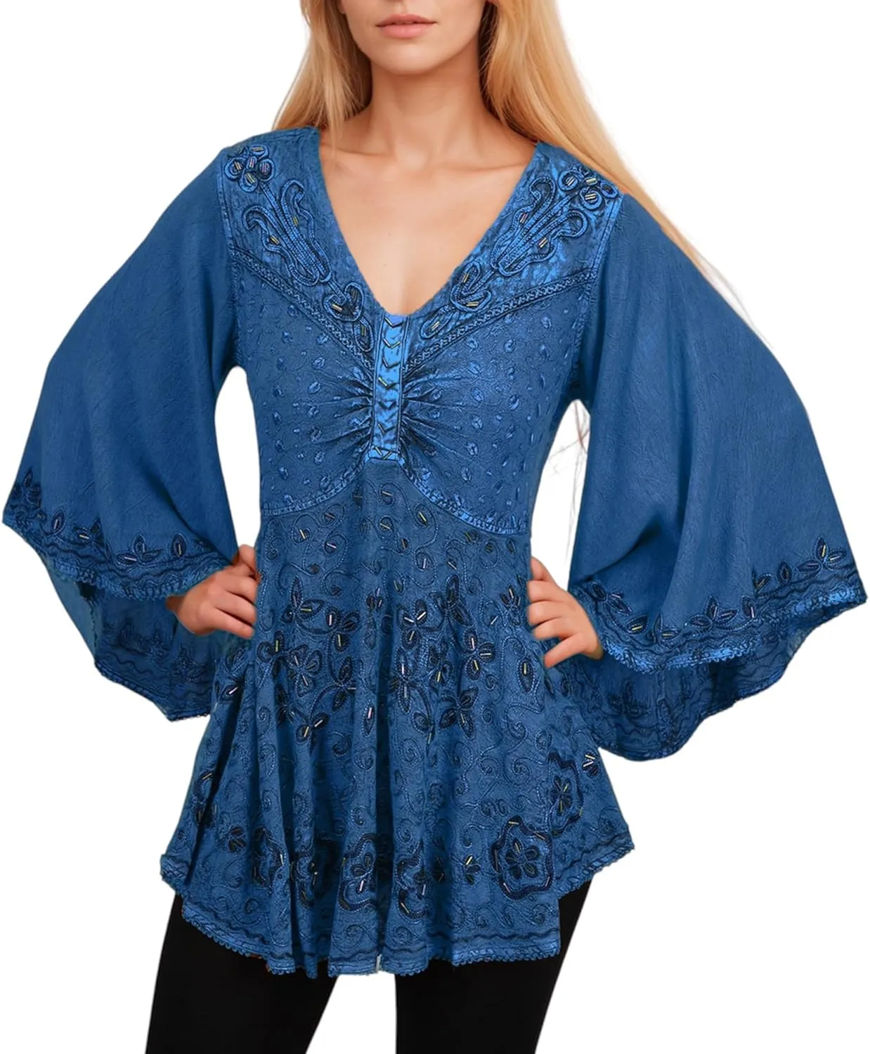 Agan Traders Women's 2025 Summer Long Bell Sleeve Embroidered Tops - V Neck Asymmetrical Flair Beaded Tunic Blouses