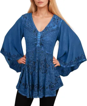 Agan Traders Women's 2025 Summer Long Bell Sleeve Embroidered Tops - V Neck Asymmetrical Flair Beaded Tunic Blouses