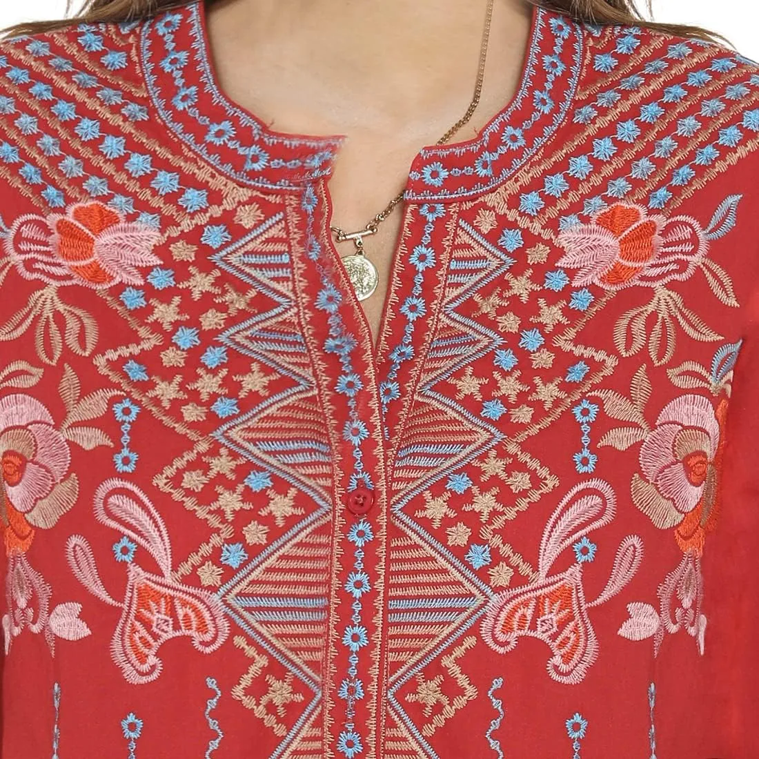 AK Women's Embroidered Tops Mexican Shirt V Neck Summer Casual Tops Peasant Tunic Loose Blouse