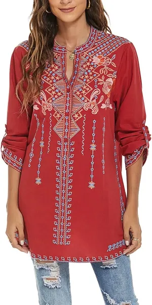 AK Women's Embroidered Tops Mexican Shirt V Neck Summer Casual Tops Peasant Tunic Loose Blouse