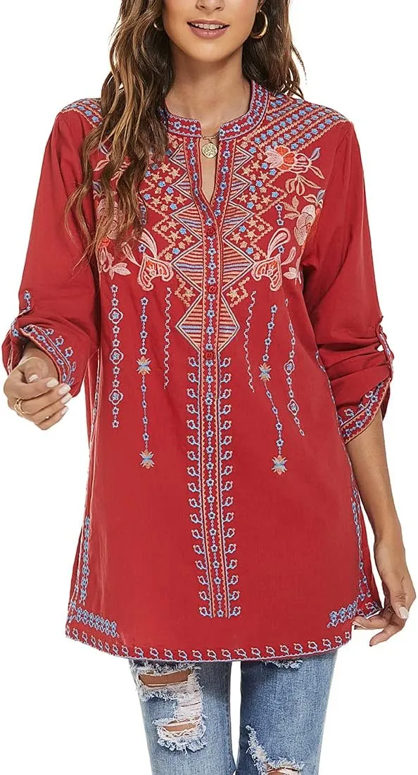 AK Women's Embroidered Tops Mexican Shirt V Neck Summer Casual Tops Peasant Tunic Loose Blouse