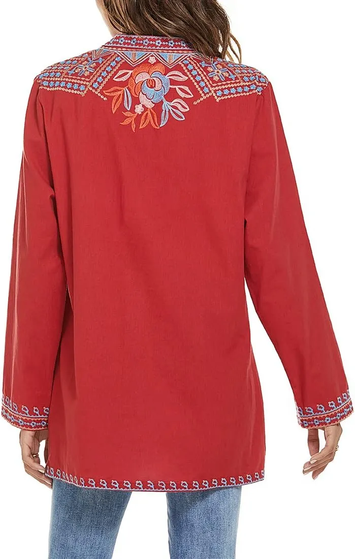 AK Women's Embroidered Tops Mexican Shirt V Neck Summer Casual Tops Peasant Tunic Loose Blouse
