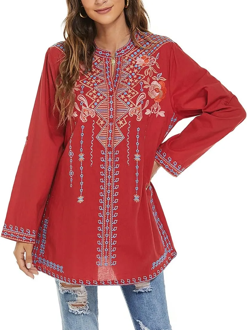 AK Women's Embroidered Tops Mexican Shirt V Neck Summer Casual Tops Peasant Tunic Loose Blouse