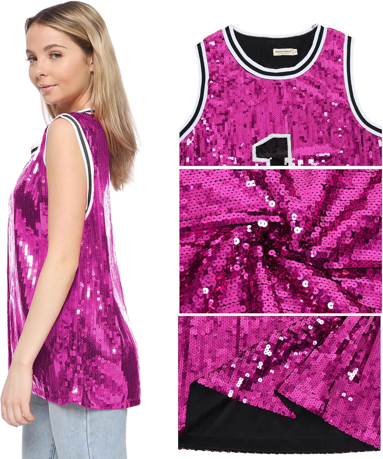 Anna-Kaci Sparkle Glitter Hip Hop T-Shirt Top Tunic Basketball Sequins Tank Vests