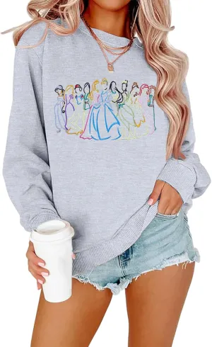 BANGELY Magical Sweatshirt Women Cute Embroidered Magic Princess Sweater Family Vacation Shirt Casual Long Sleeve Top