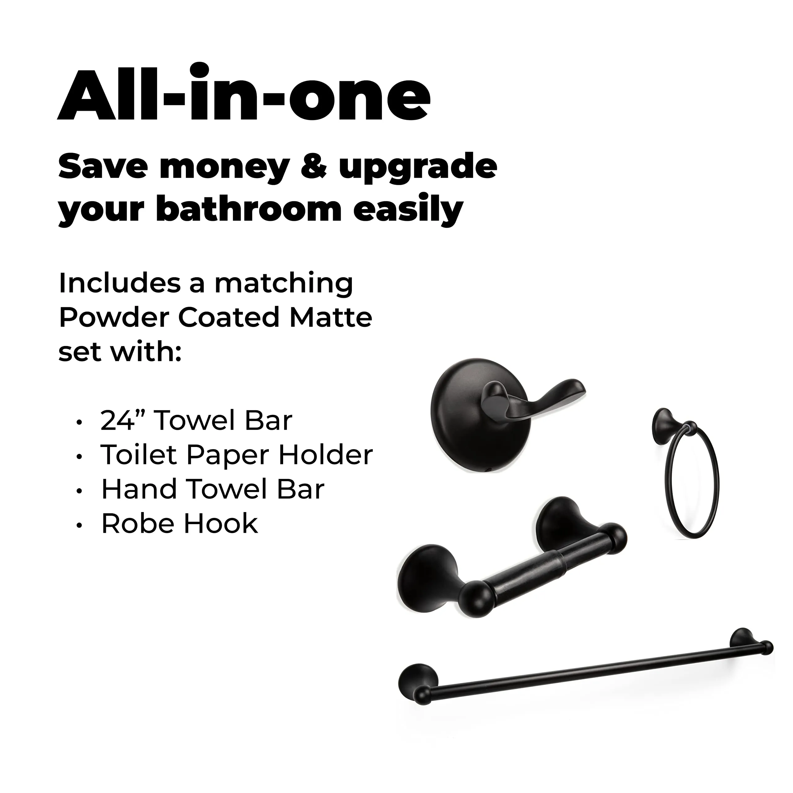 Bathroom Hardware Accessory Set Includes 24'' Towel Bar, Toilet Paper Holder, Hand