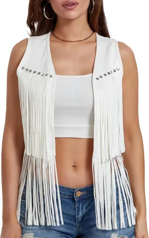 Beeuthios Women's Fringe Vest Sleeveless Tassel Hippie Vest Cowgirl Cardigan Jacket Waistcoat Streetwear