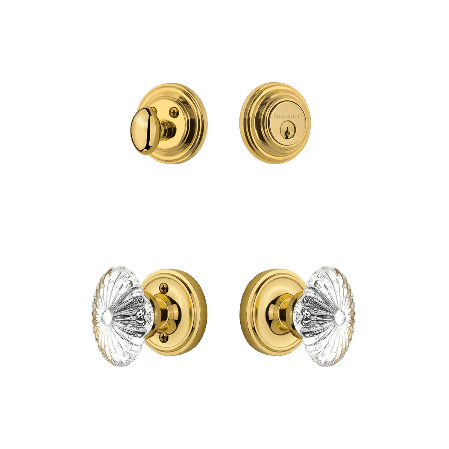 Classic Rosette Entry Set with Oval Fluted Crystal in Polished Brass