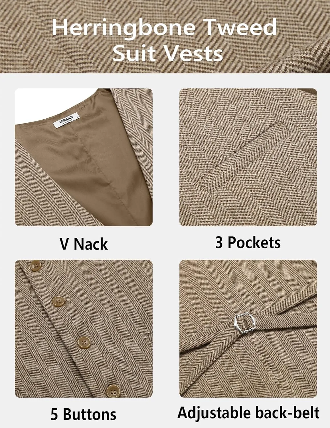 COOFANDY Men's Herringbone Tweed Suit Vests Slim Fit Waistcoat Casual Business Dress Vest