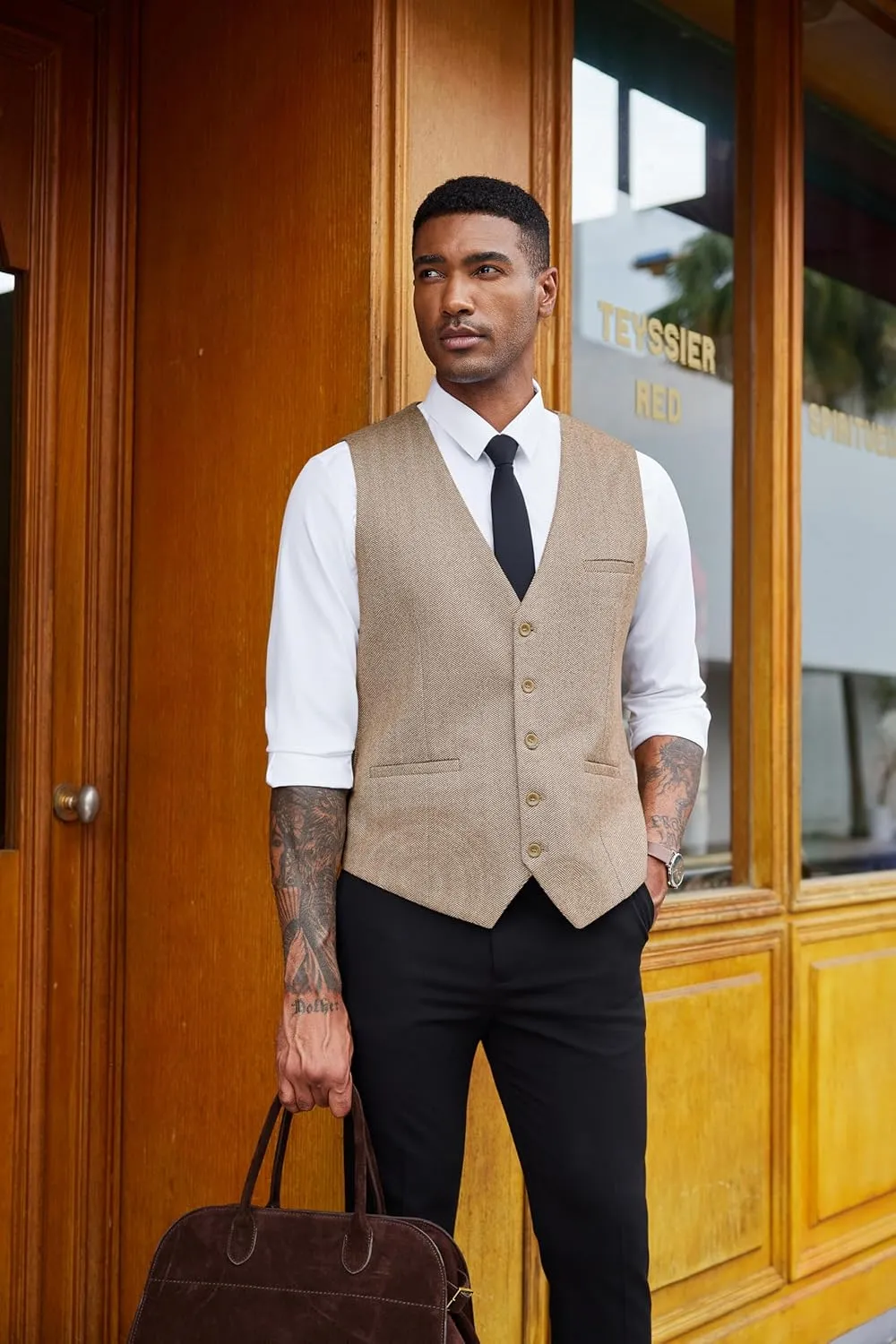 COOFANDY Men's Herringbone Tweed Suit Vests Slim Fit Waistcoat Casual Business Dress Vest