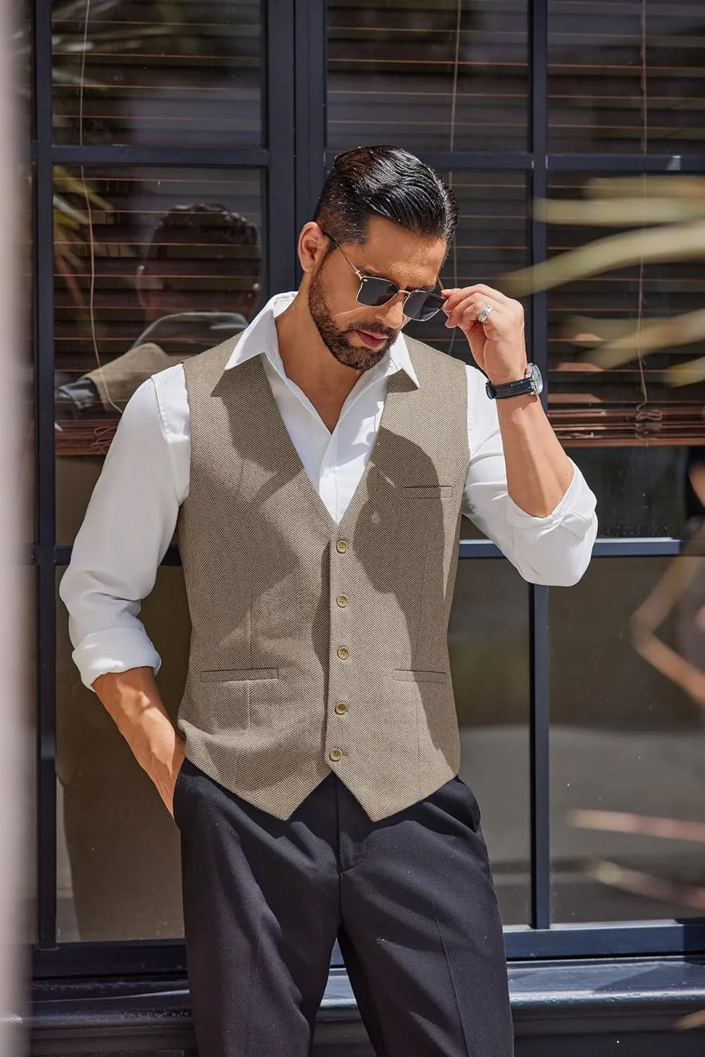 COOFANDY Men's Herringbone Tweed Suit Vests Slim Fit Waistcoat Casual Business Dress Vest
