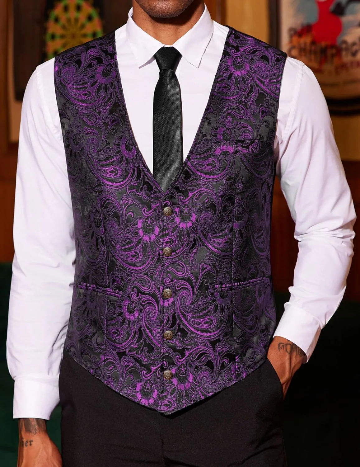 COOFANDY Men's Paisley Vests Victorian Steampunk Gothic Suit Vest Slim Fit V-Neck Tuxedo Waistcoat