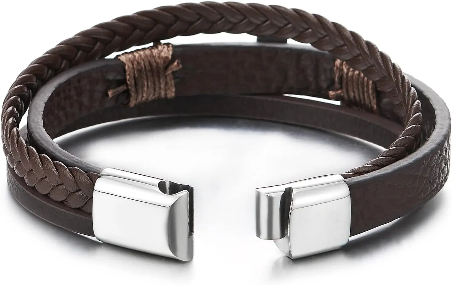 COOLSTEELANDBEYOND Mens Women Steel Horizontal Sideway Lateral Flat Cross Multi-Strand Leather Bangle Bracelet