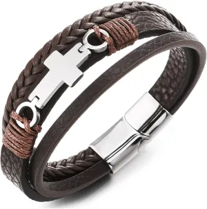COOLSTEELANDBEYOND Mens Women Steel Horizontal Sideway Lateral Flat Cross Multi-Strand Leather Bangle Bracelet