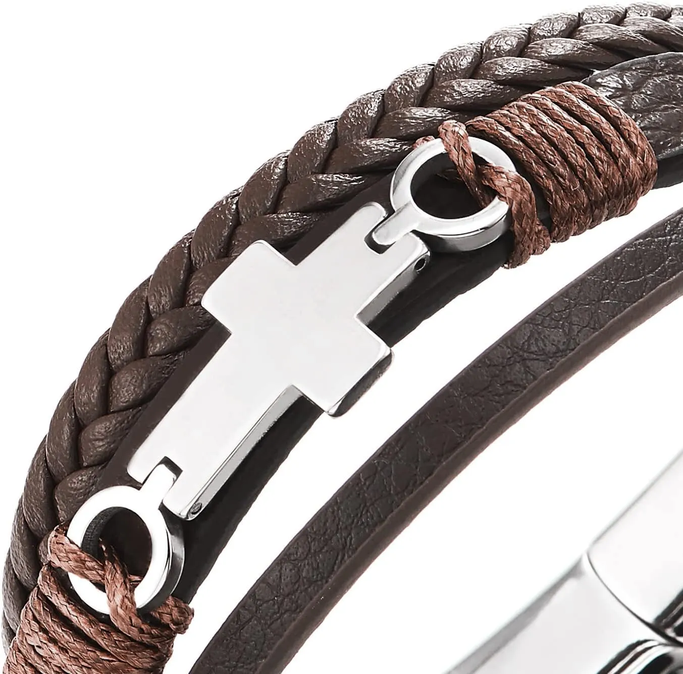 COOLSTEELANDBEYOND Mens Women Steel Horizontal Sideway Lateral Flat Cross Multi-Strand Leather Bangle Bracelet