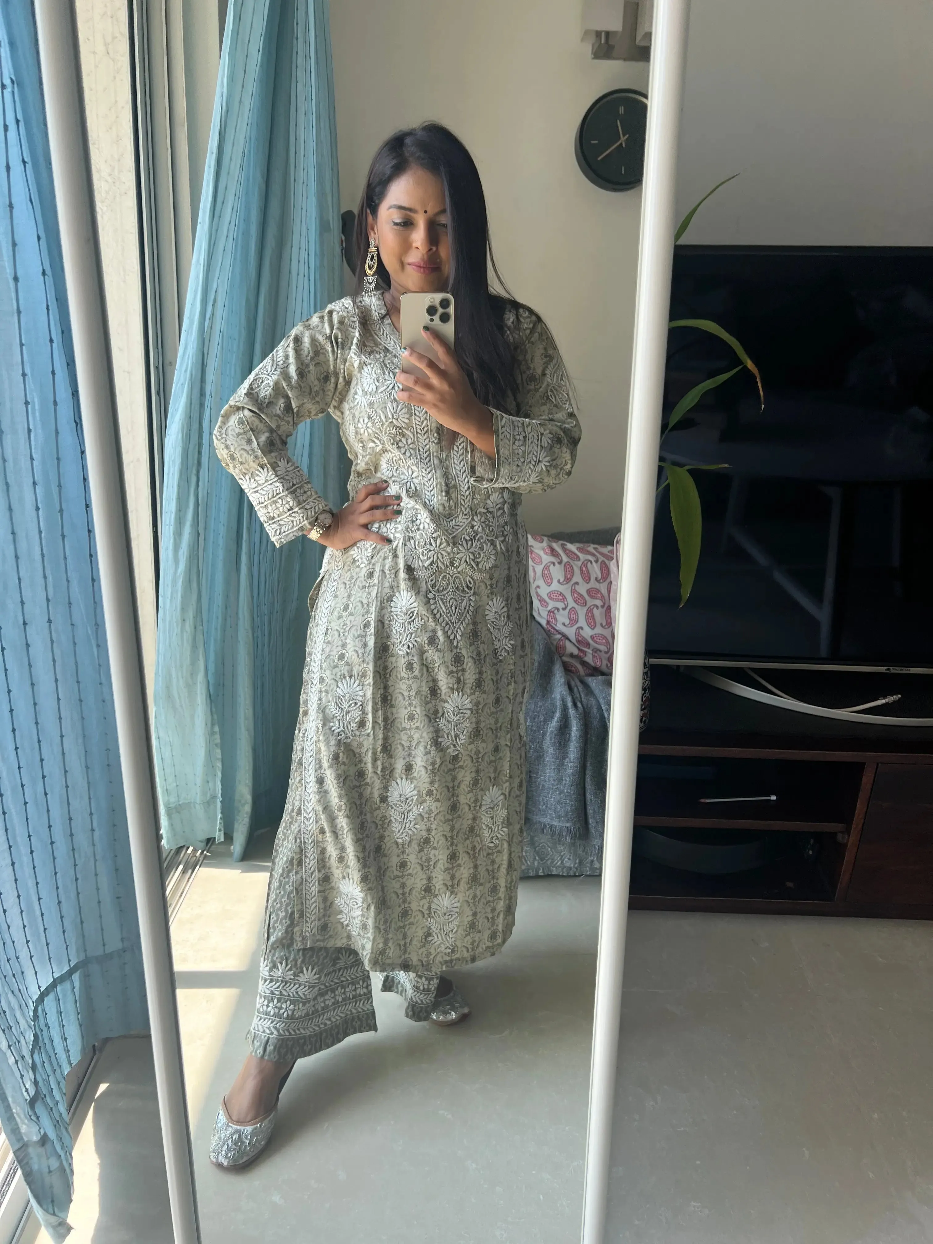 Cotton Printed Chikankari Set - Olive Green