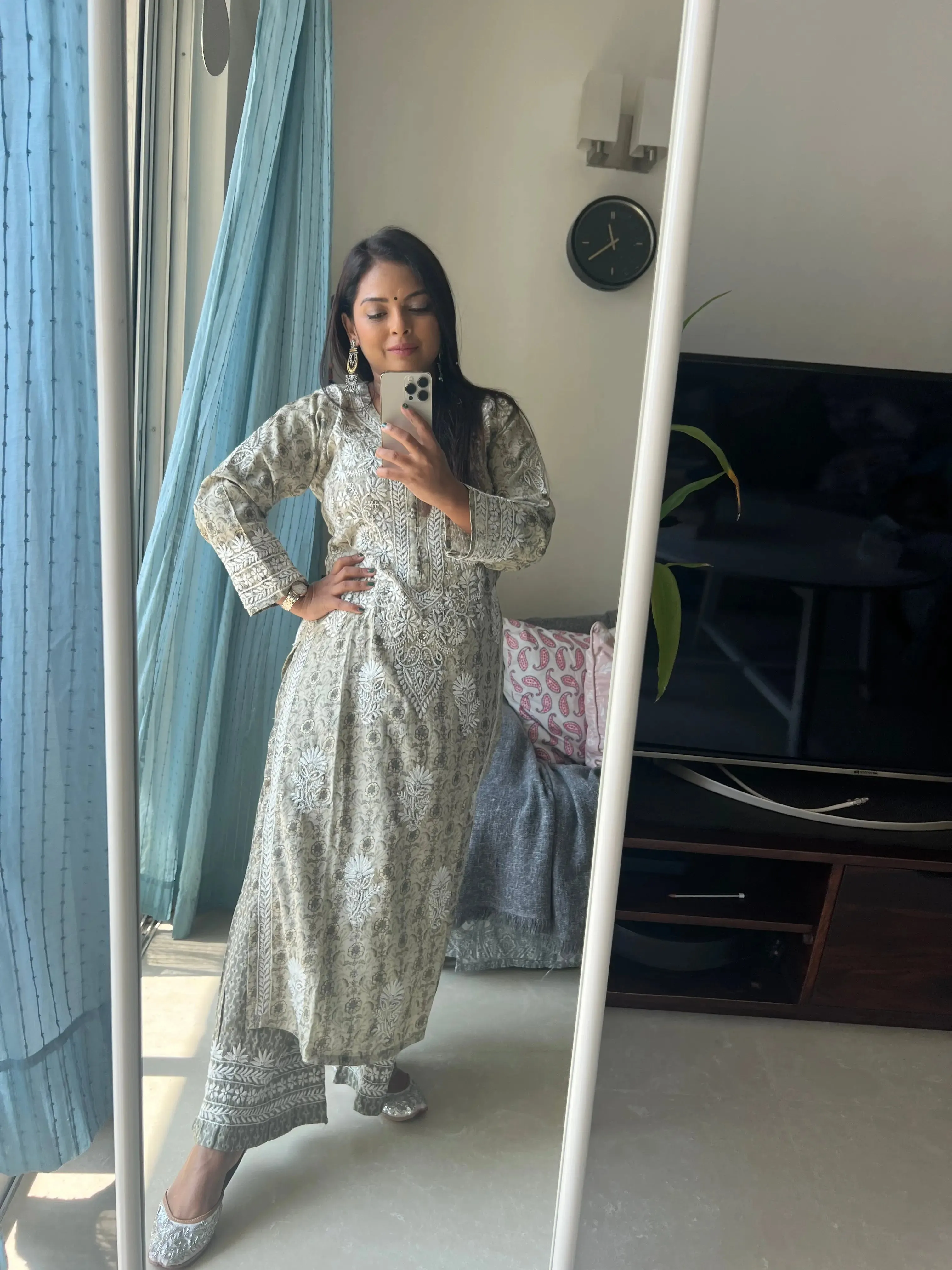 Cotton Printed Chikankari Set - Olive Green