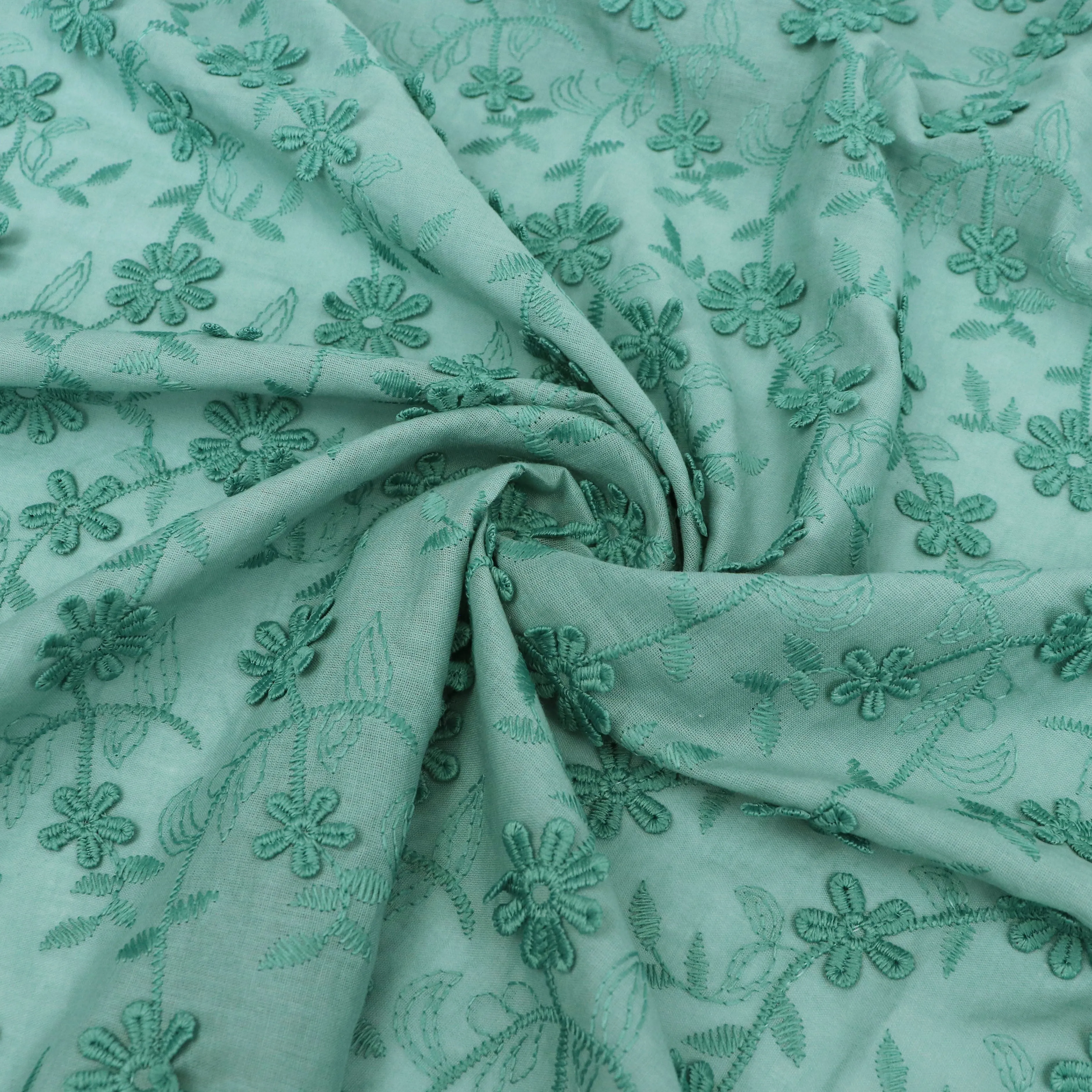 Cotton Voile - Embroidered 3D Flower - Ivy Green - SALE