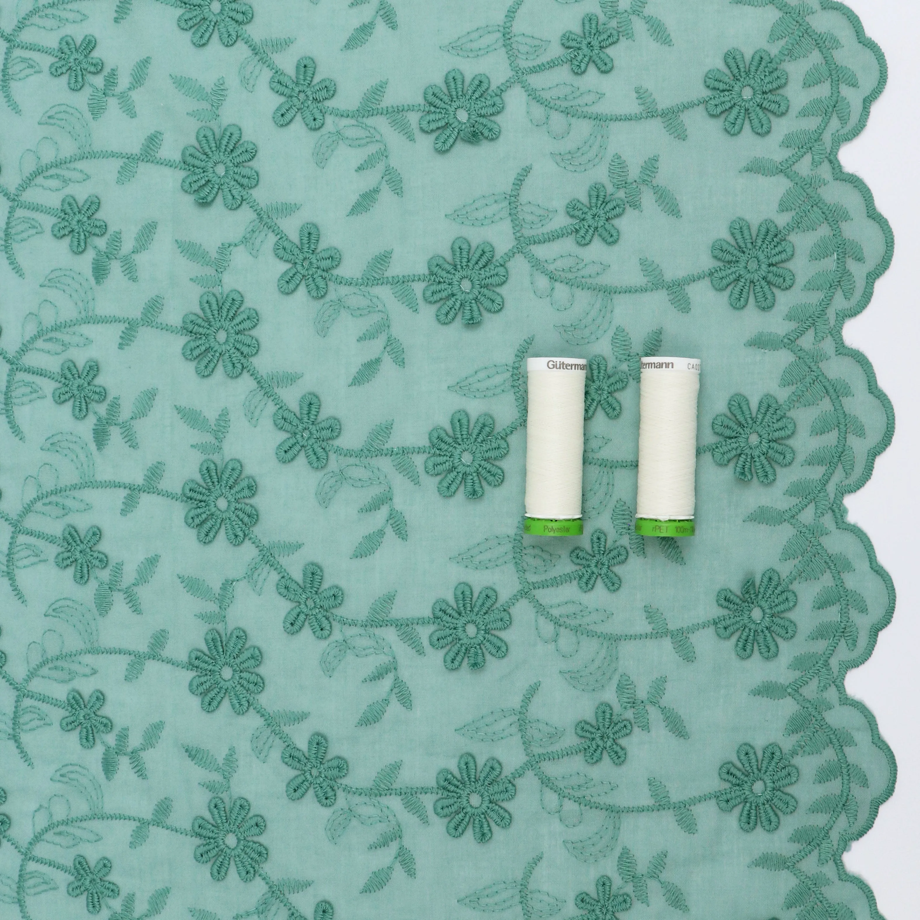 Cotton Voile - Embroidered 3D Flower - Ivy Green - SALE