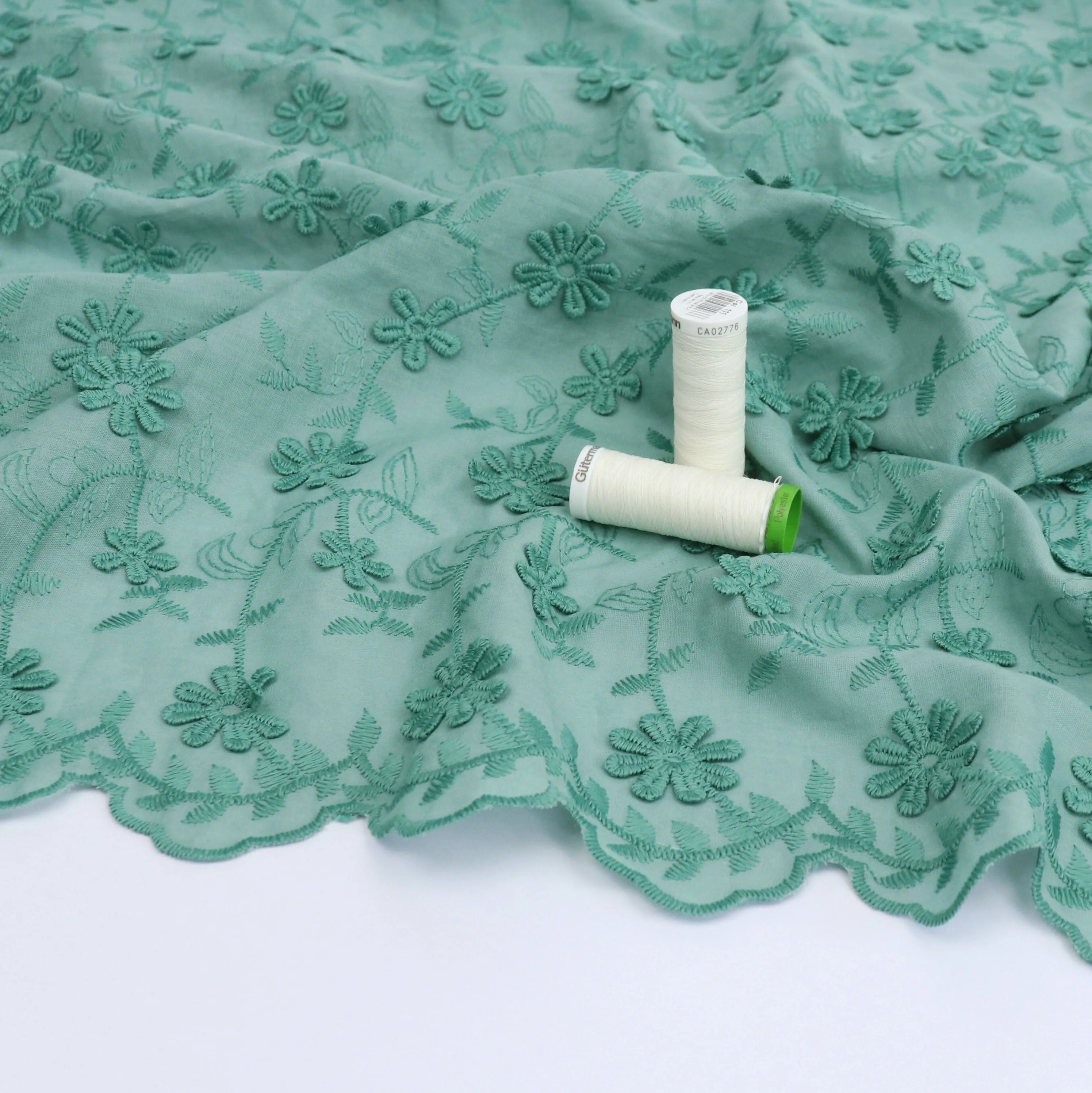 Cotton Voile - Embroidered 3D Flower - Ivy Green - SALE