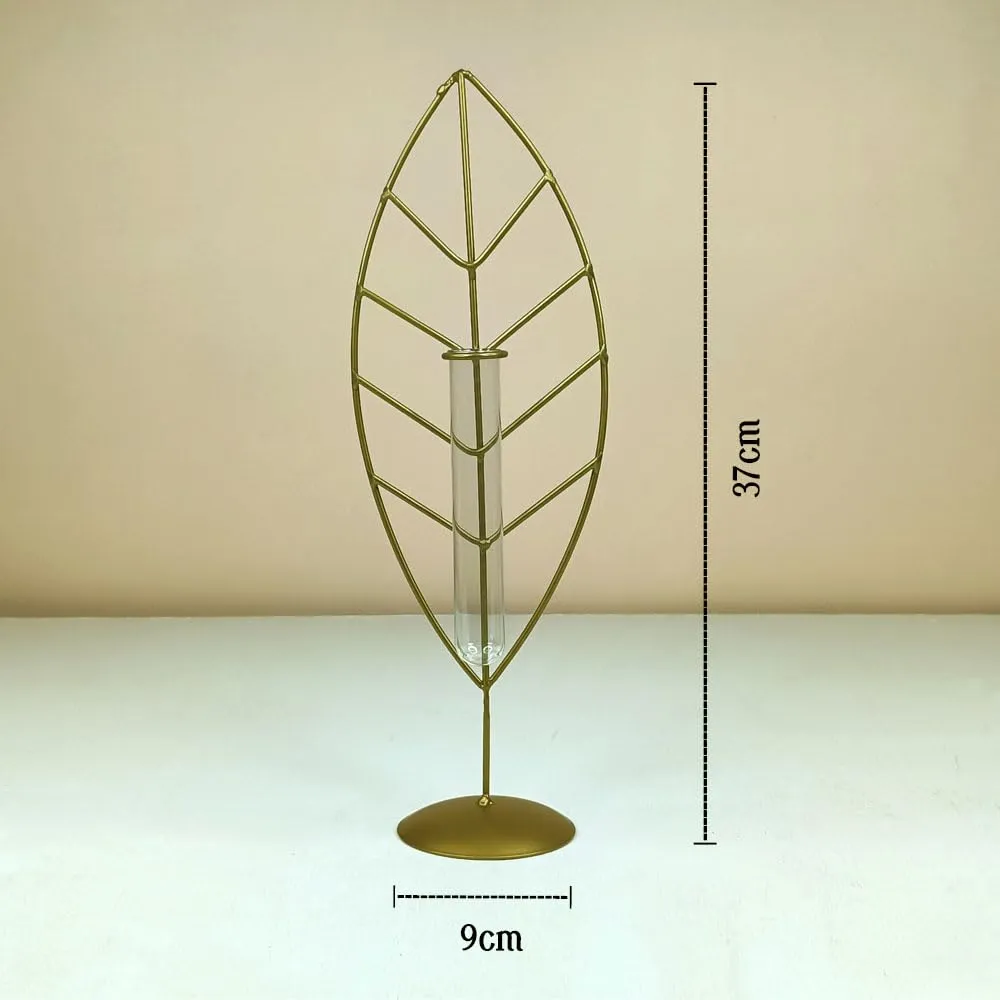 Deco Design Gallery Golden Metal Shape Plant Holder with Glass Test Tube | Living Room Home Decor | Hydroponic Planter for Table Decor (Leaf)