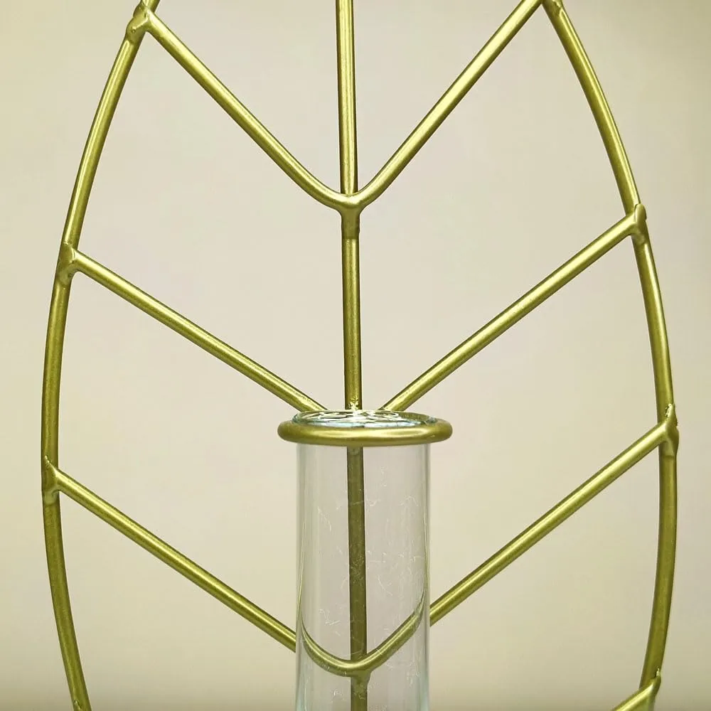 Deco Design Gallery Golden Metal Shape Plant Holder with Glass Test Tube | Living Room Home Decor | Hydroponic Planter for Table Decor (Leaf)