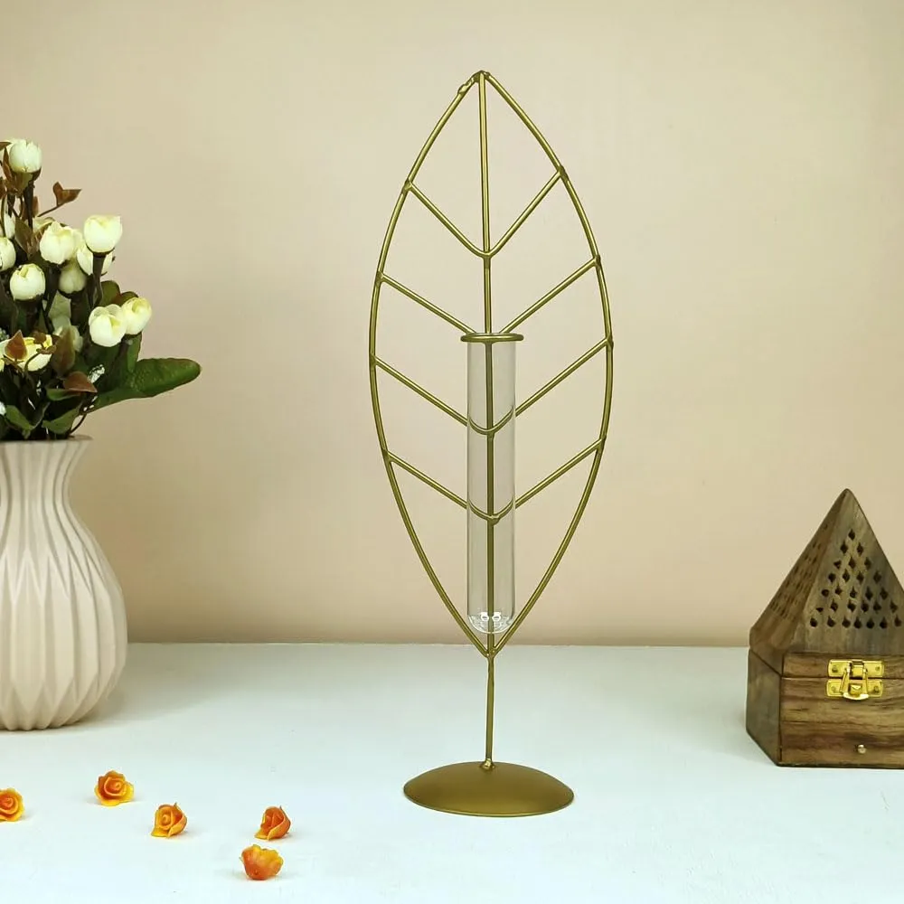 Deco Design Gallery Golden Metal Shape Plant Holder with Glass Test Tube | Living Room Home Decor | Hydroponic Planter for Table Decor (Leaf)