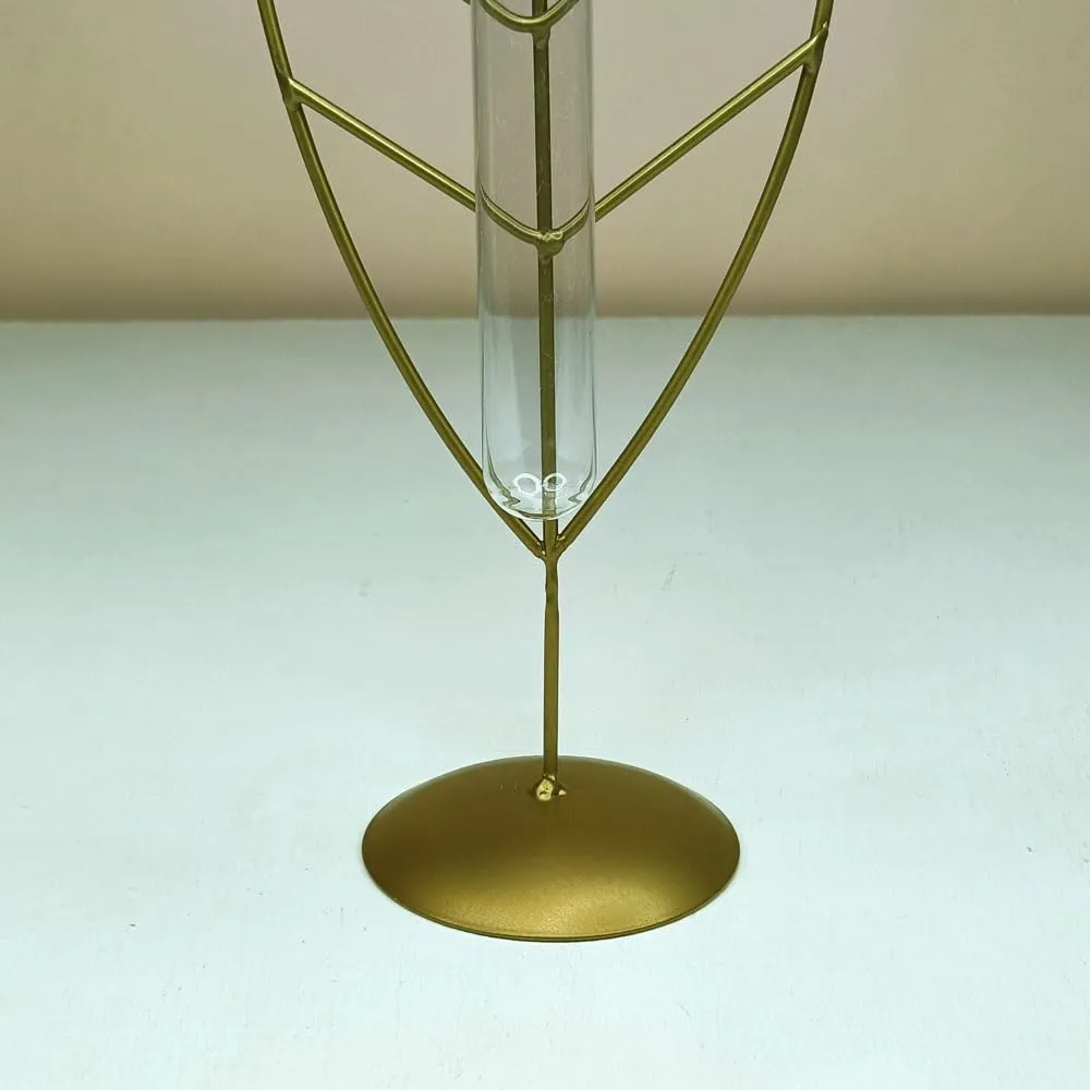 Deco Design Gallery Golden Metal Shape Plant Holder with Glass Test Tube | Living Room Home Decor | Hydroponic Planter for Table Decor (Leaf)