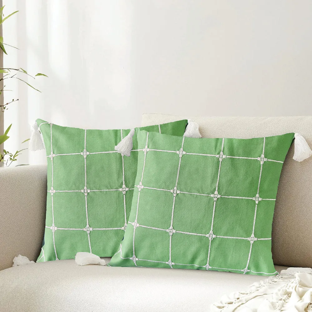 Embroidered Cotton Cushion Cover, for Sofa, Bedroom, Living Room - Set of 2 - Aura Checks Green