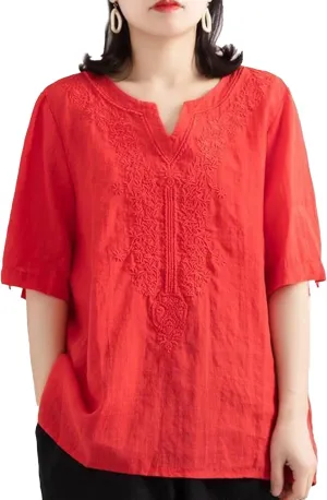 FindThy Women's Floral Embroidery Linen Shirts 3/4 Sleeve Round Neck Babydoll Tops Blouses