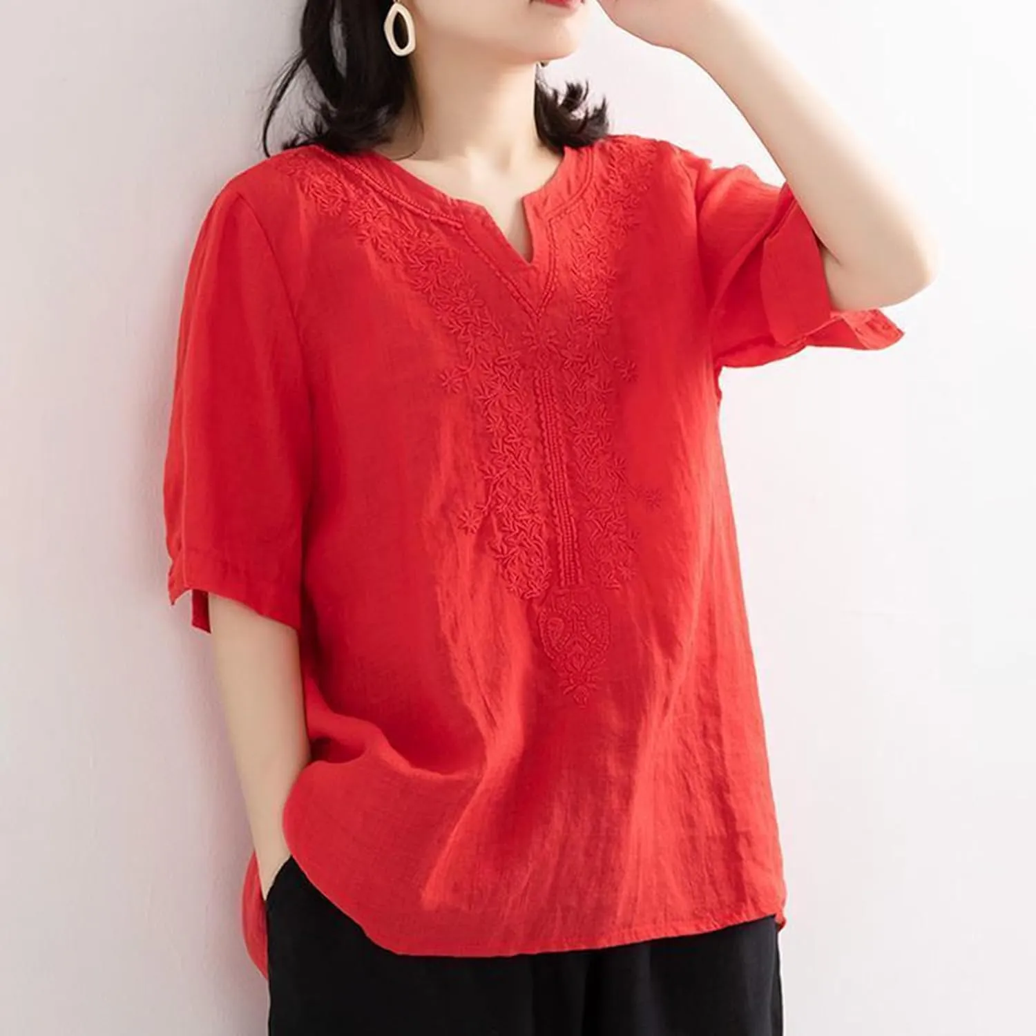 FindThy Women's Floral Embroidery Linen Shirts 3/4 Sleeve Round Neck Babydoll Tops Blouses