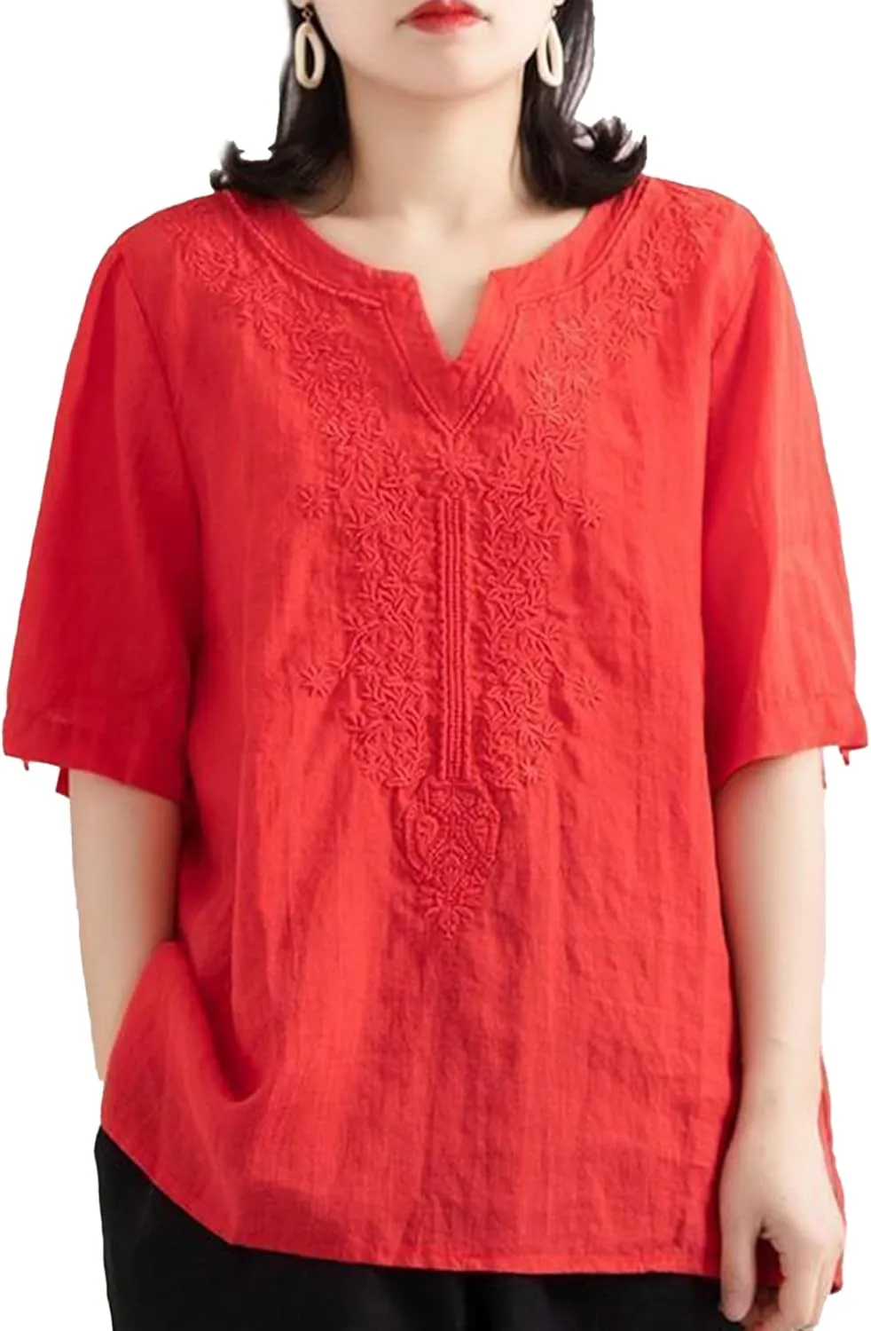 FindThy Women's Floral Embroidery Linen Shirts 3/4 Sleeve Round Neck Babydoll Tops Blouses