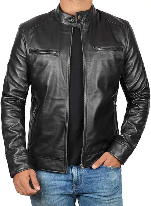 fjackets Disc Mens Leather Jacket - Black Genuine Lambskin Leather Jacket for Men | [1100124], Dodg Black L