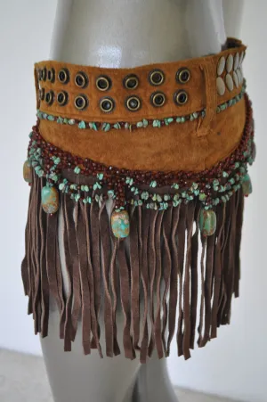 Fringed beaded belt with Turquise stoned and christal beads 80s Shanica