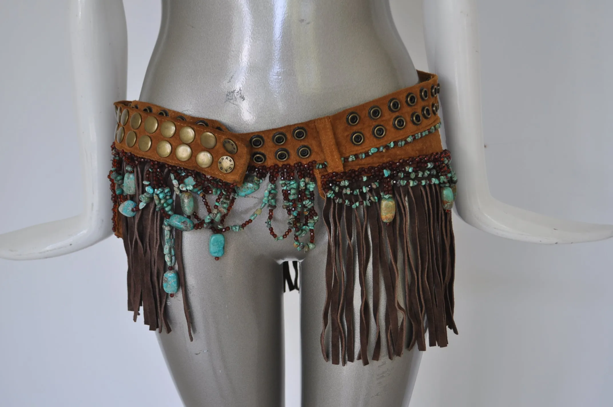 Fringed beaded belt with Turquise stoned and christal beads 80s Shanica