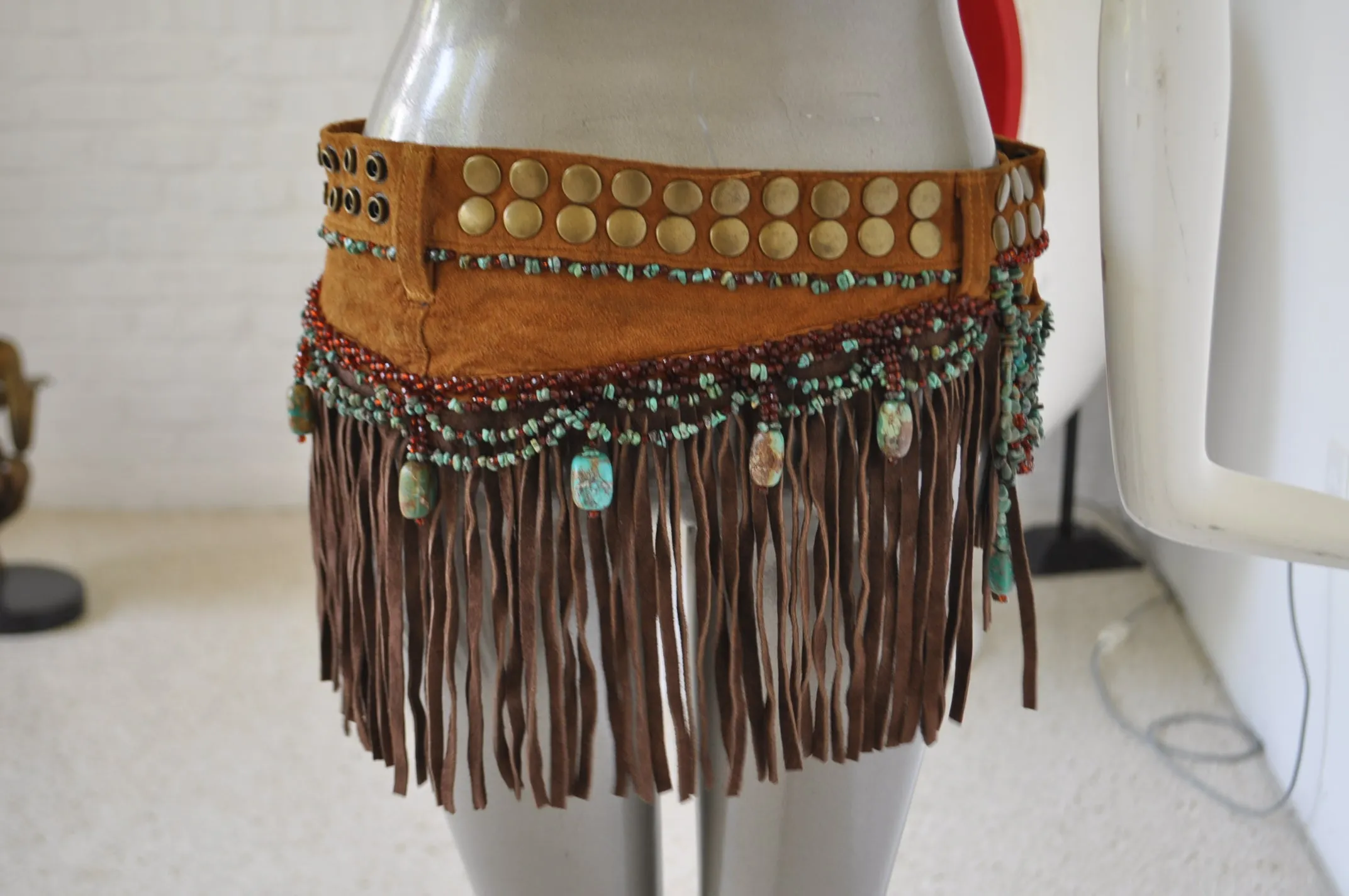 Fringed beaded belt with Turquise stoned and christal beads 80s Shanica