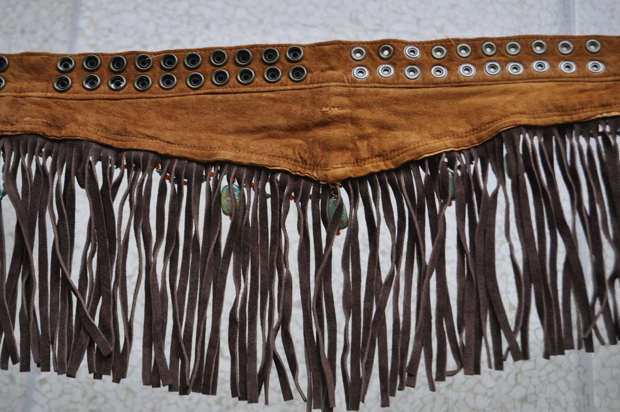 Fringed beaded belt with Turquise stoned and christal beads 80s Shanica