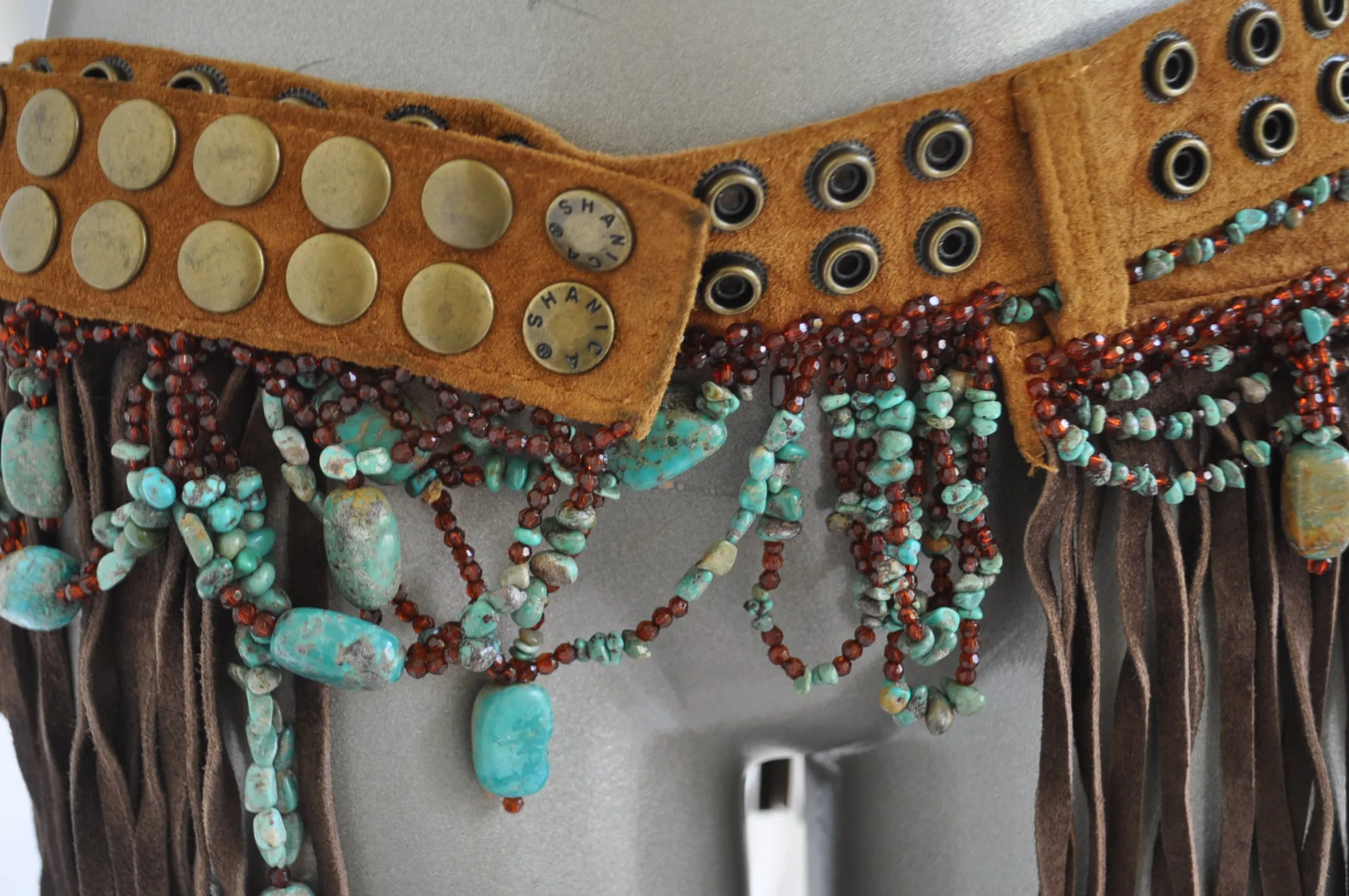 Fringed beaded belt with Turquise stoned and christal beads 80s Shanica
