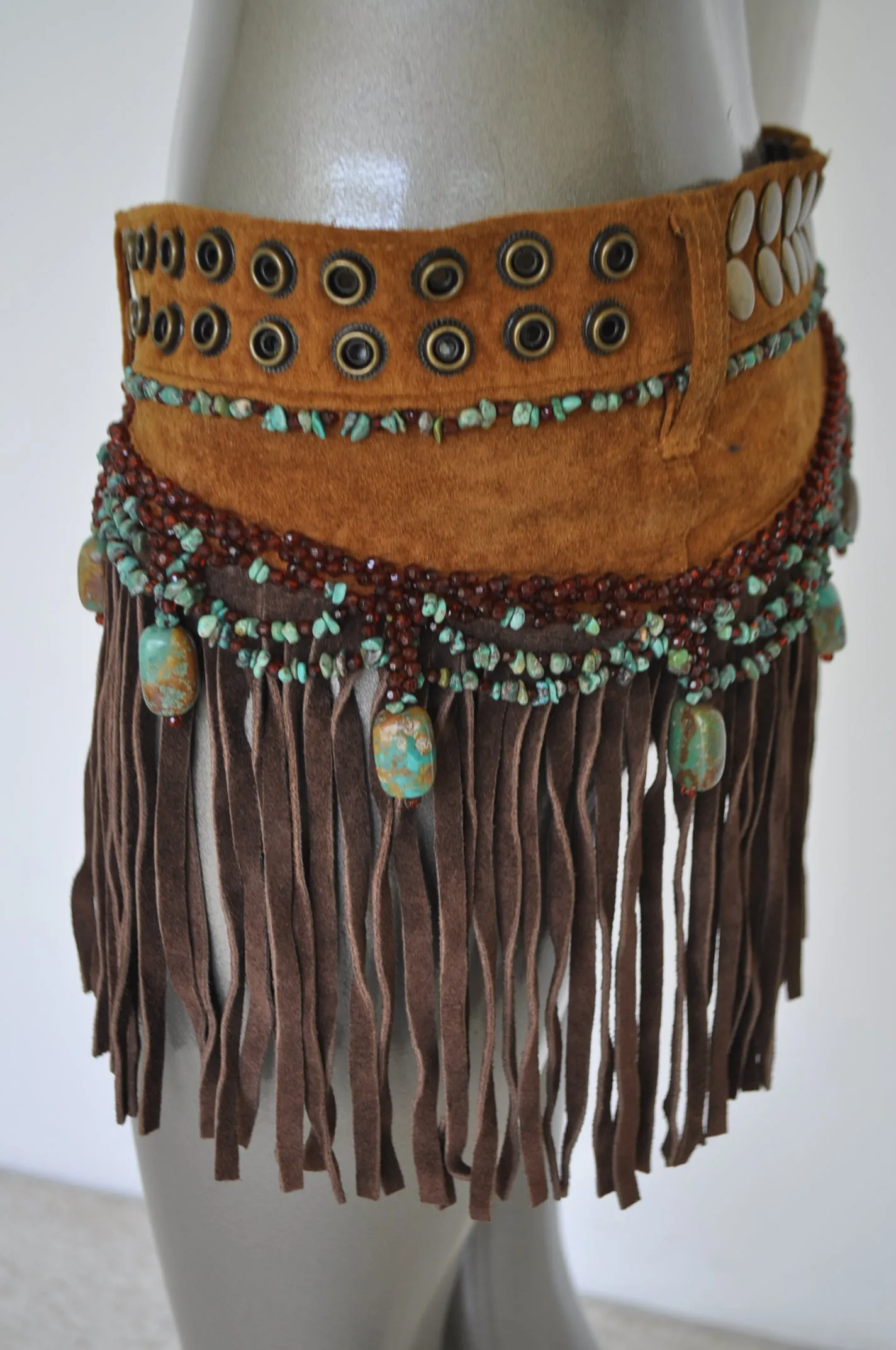 Fringed beaded belt with Turquise stoned and christal beads 80s Shanica