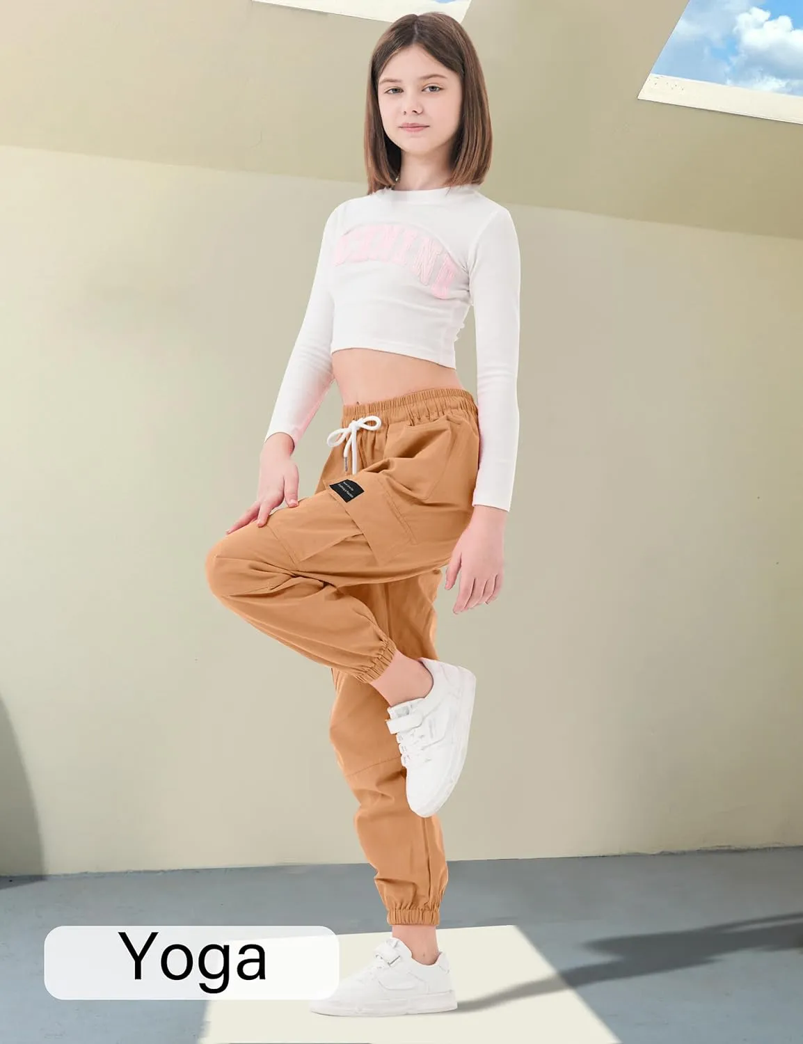 Girls Cargo Pants Elastic Waist Cotton Kids Jogger Pants with Multi Pockets