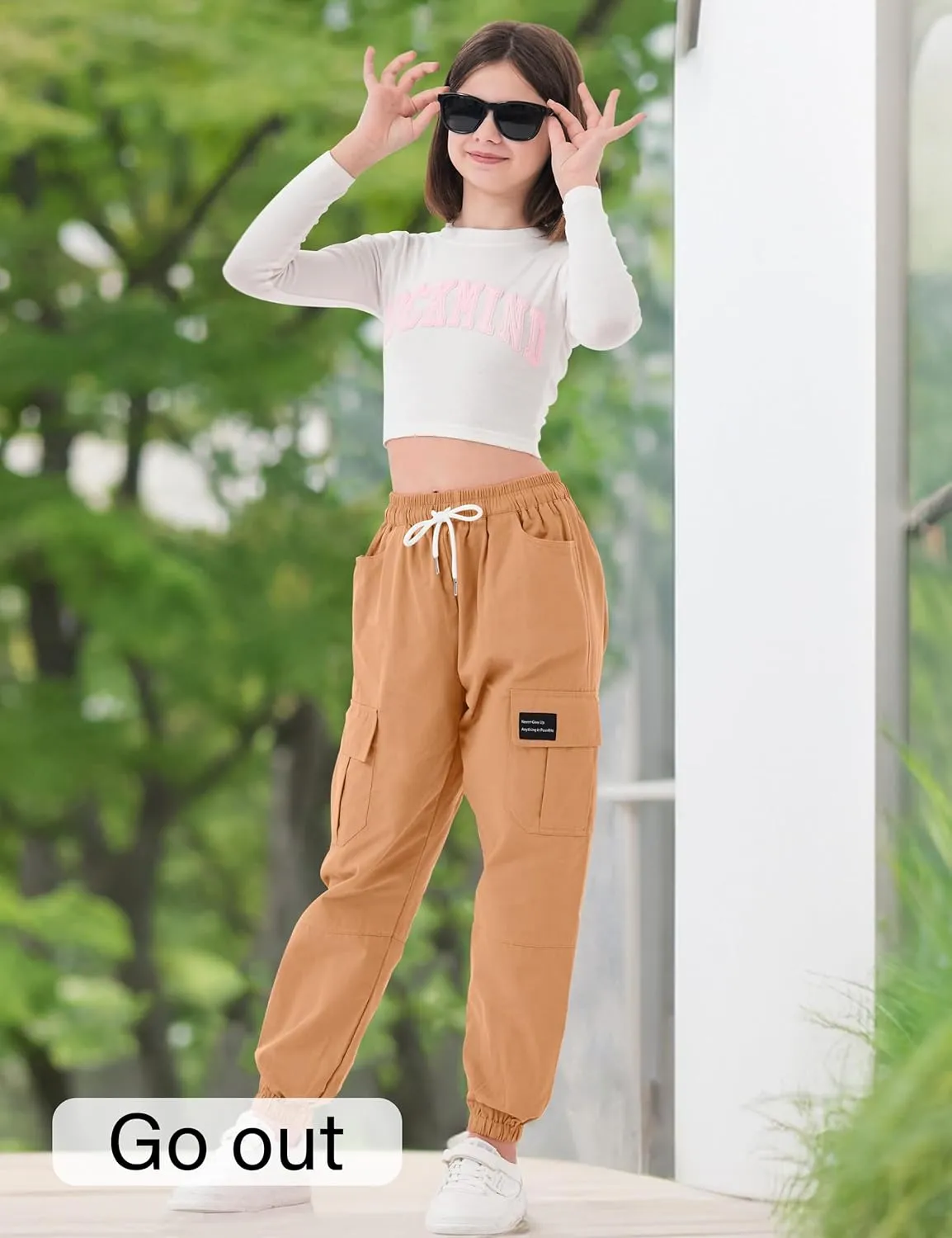 Girls Cargo Pants Elastic Waist Cotton Kids Jogger Pants with Multi Pockets