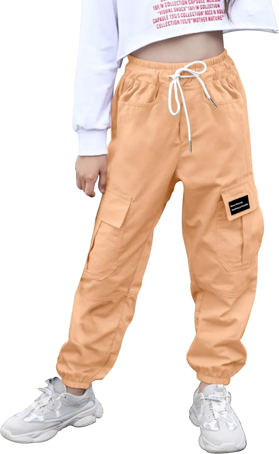 Girls Cargo Pants Elastic Waist Cotton Kids Jogger Pants with Multi Pockets