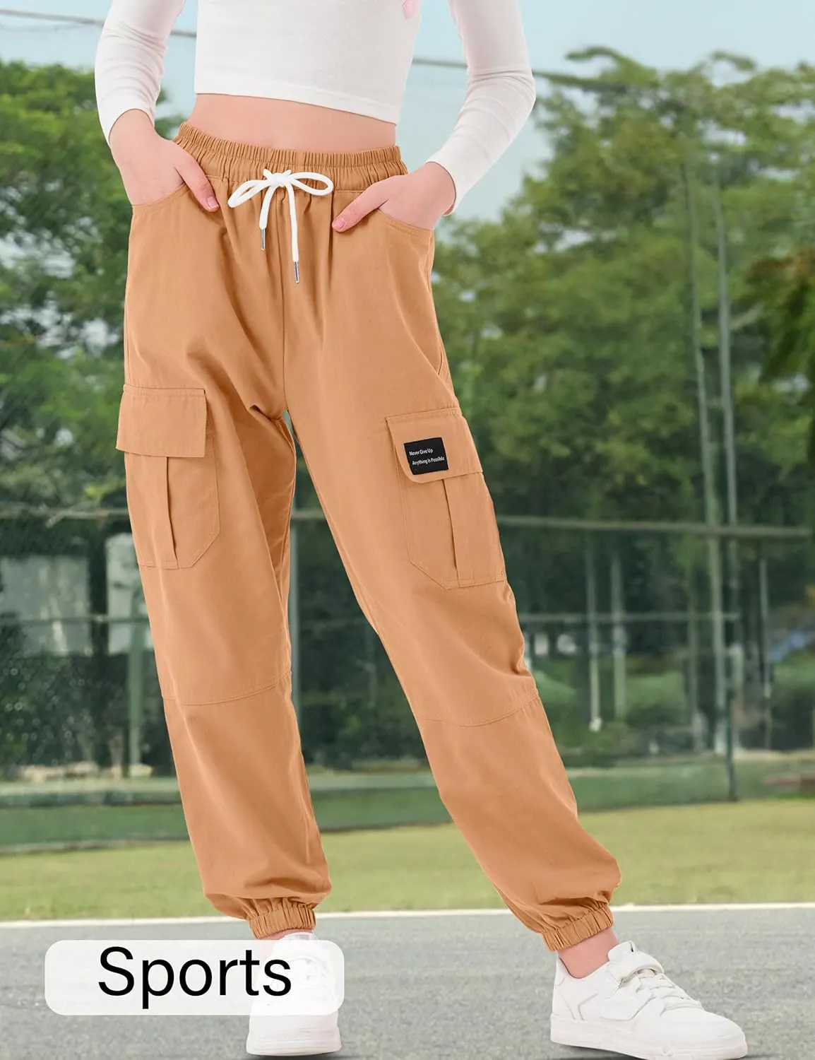 Girls Cargo Pants Elastic Waist Cotton Kids Jogger Pants with Multi Pockets
